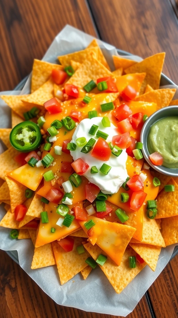 A plate of crispy nachos topped with cheese, jalapeños, and tomatoes, served with sour cream and guacamole.